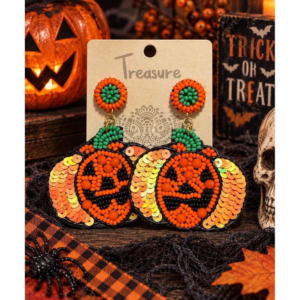 Jack O Lantern Seed Bead Earrings Sequin Pumpkin Halloween Statement